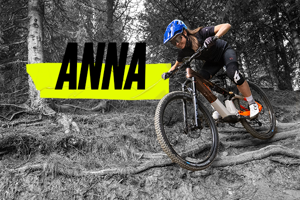 Haibike athlete Anna Spielmann riding e-mountain bike through forest trail with ANNA name graphic overlay athlete profile card Haibike ambassador